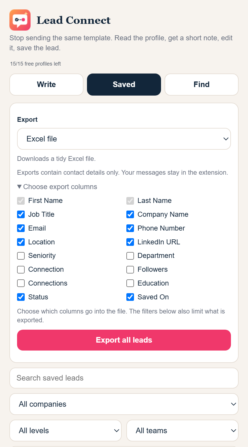 Export saved leads