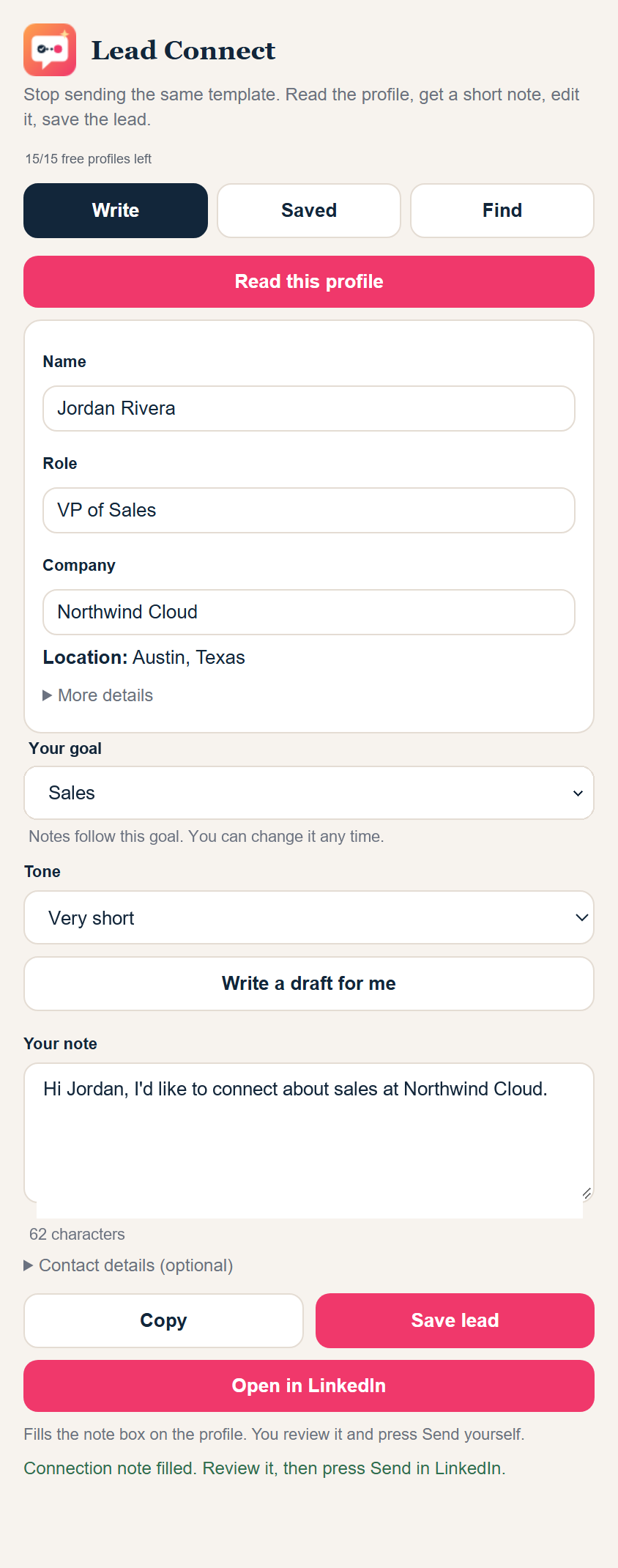 Lead Connect writing a personal note for a LinkedIn profile